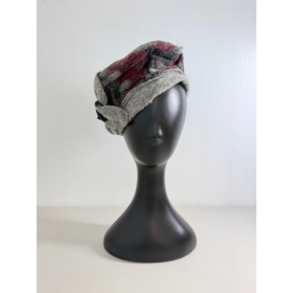 La Fenice Italy Wool Blend Felted Floral Hat Art to Wear Lagenlook Gray Burgundy - Picture 3 of 8